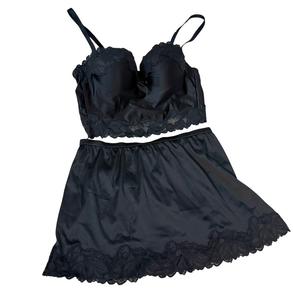 NWT Auden Black Lace Bralette & Skirt Set Large Satin Lingerie